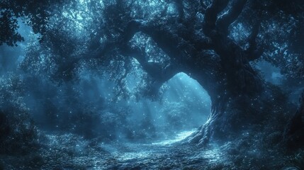Obraz premium Enchanted Forest: Mysterious Woods with Ancient Trees, Mystical Fog, and Ethereal Light Sources