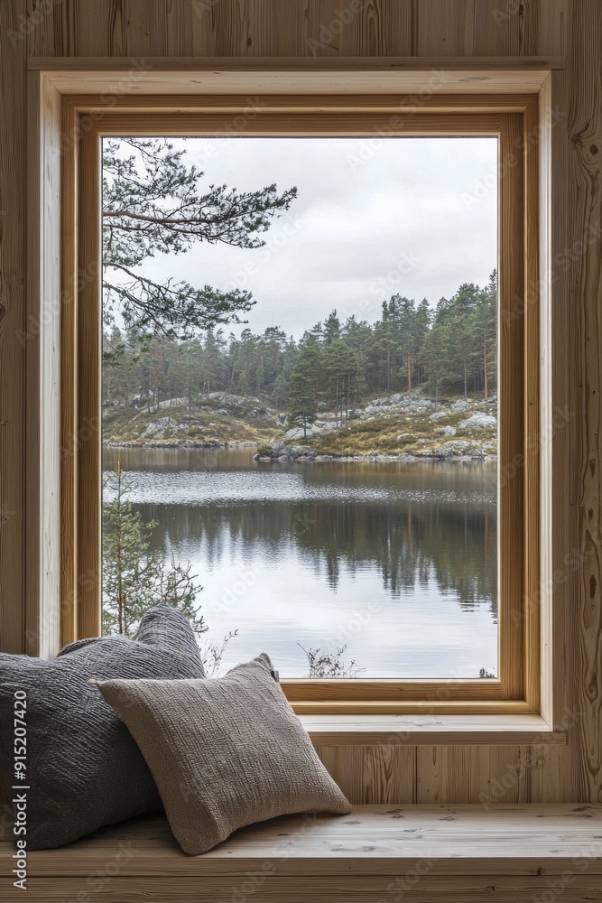 Wall mural A window in a minimalist Scandinavian living room, overlooking a tranquil lake.