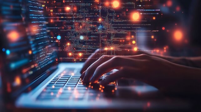 Hands typing on a laptop with code overlay, representing data science, programming, and machine learning