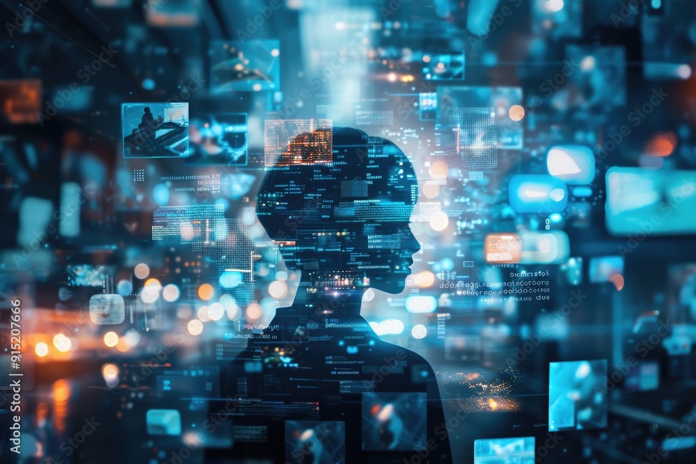 Poster a person stands in front of a row of televisions, focused on the screen