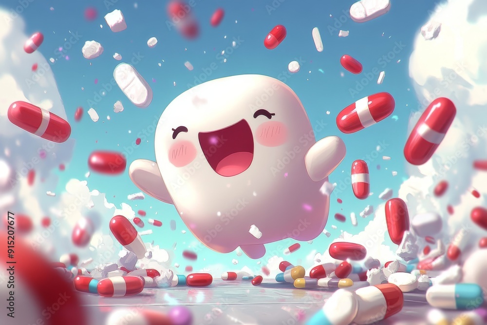 Poster happy capsule character floating among pills and sparkles representing joy positivity and the cheerf