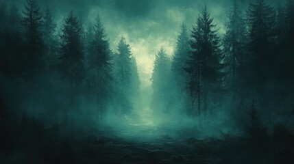 Fototapeta premium Enigmatic Panoramic View of Dark Forest with Spooky Glow - Mystical and Shadowy Landscape Full of Secrets