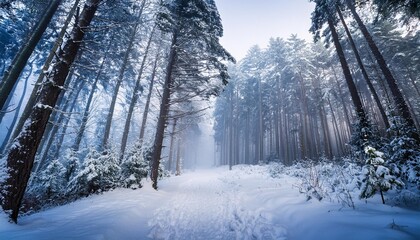 Snowy forest path with light fog