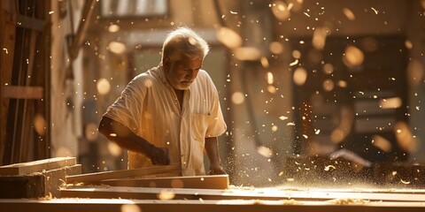 Obraz premium Skilled Carpenter Crafting Woodwork in Sunlit Workshop Surrounded by Sawdust