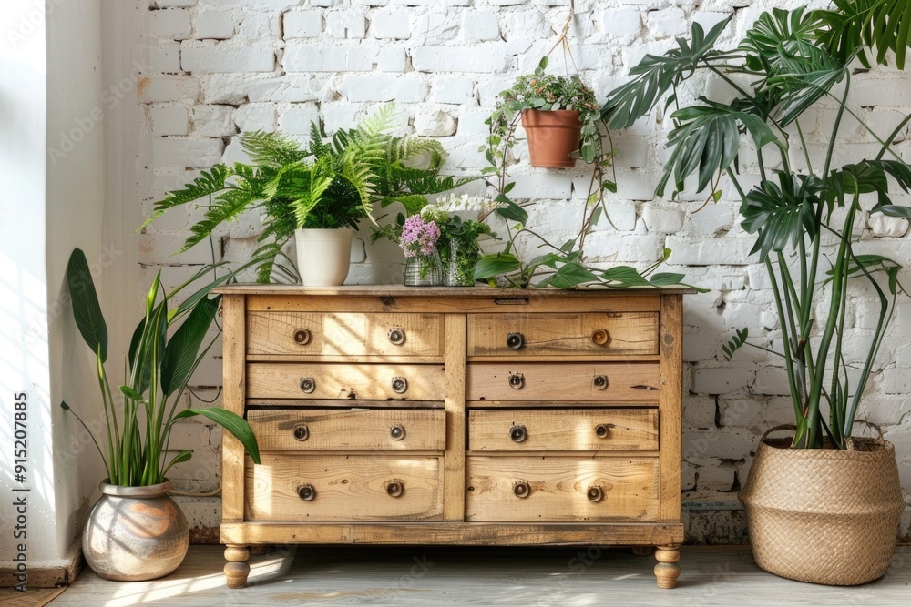 Canvas Prints A wooden dresser with lush green plants placed on top, great for home decor or office use