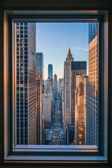 A window in a modern skyscraper office, with a bustling financial district below. 