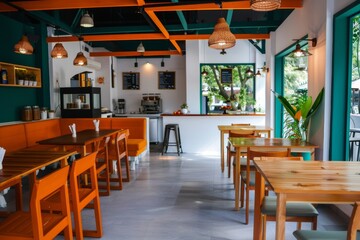 A modern cafe with charm, designed to be tourist-friendly, featuring a variety of latte offerings, trendy decor, and a vibrant ambiance.