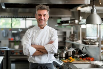 Fototapeta premium Confident and Happy Professional Chef Smiling in Modern Kitchen Setting