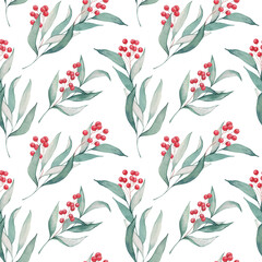 Watercolor seamless pattern with green leaves and red berries. Botanical hand drawn print for background design, wallpaper. Holiday decoration, New Year and Christmas print.