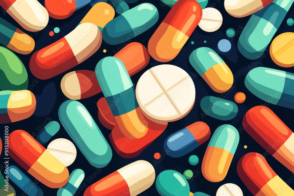 Poster vibrant overhead view of a pile of multicolored capsules and tablets representing the variety and ac