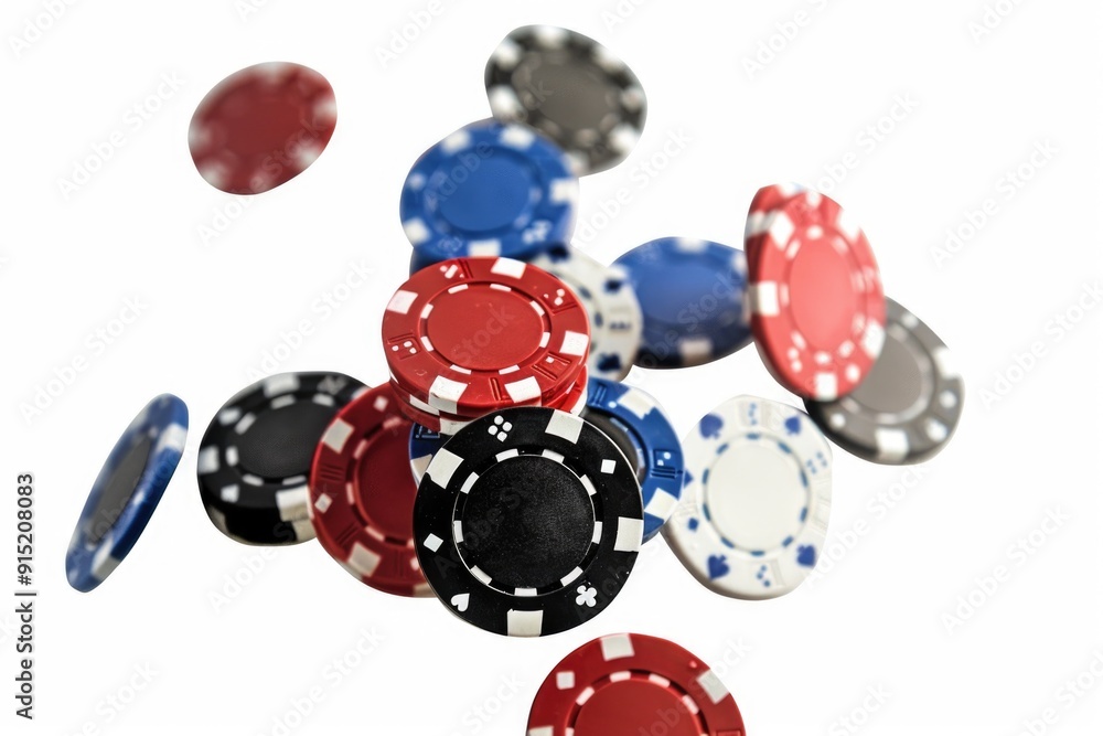 Poster a pile of poker chips falls through the air in this dynamic image