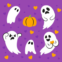 Illustration of funny ghosts. Set of cute ghosts for Halloween card design