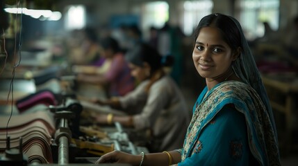 Fototapeta premium Indian Woman in Textile Factory Wearing Blue Sari Smiling at Camera