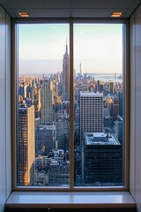 A window in a modern skyscraper office, with a bustling financial district below. 