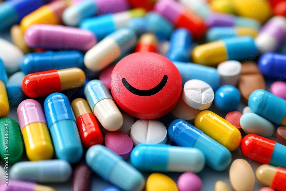 Poster pile of colorful capsules and pills with a smiling red capsule at the center symbolizing the joy and