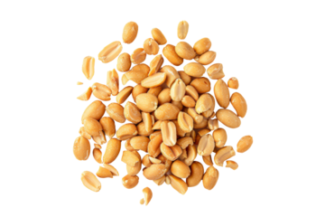 Flat lay view of roasted peeled peanuts isolated on background, pile of dried nuts with high protein and nutrition.