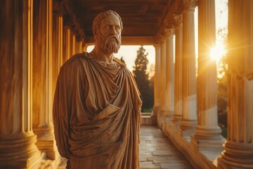 Naklejka premium ancient greek agora bustling with citizens socrates standing tall before stern judges sunlight filtering through marble columns casting dramatic shadows
