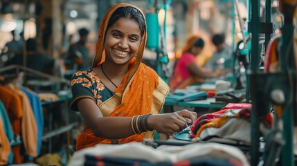 Obraz premium Smiling Indian Woman in Traditional Sari Working in Textile Factory