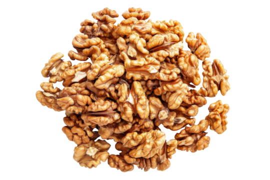 Top view of roasted peeled walnuts isolated on background, pile of dried nuts with high protein and nutrition.