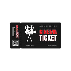 Elegant black ticket with red and white lettering for entrance to the cinema