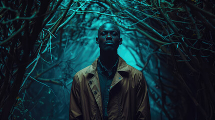 Obraz premium A person wearing a brown coat gazes thoughtfully while standing in a dark, overgrown forest pathway