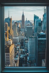A window in a modern skyscraper office, with a bustling financial district below. 
