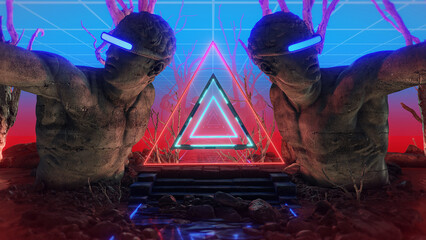 Travelling across an endless abstract environment with neon elements, featuring central triangular lighting and huge stone figurative statues with a rocky reflective ground.