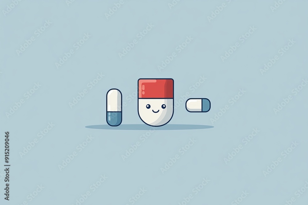 Poster minimalist composition of a red and white capsule with a smiley face on a blue background emphasizin