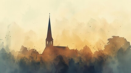 Obraz premium Faithful Christian Church Steeple Silhouetted at Dusk with Beige Background and Copyspace