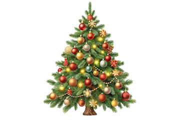 christmas tree decorated with ornaments garland vintage illustration isolated on a transparent background, generative ai