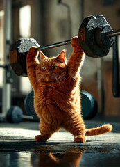 Fat red cat raises a barbell.