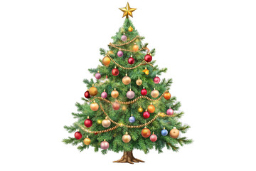 christmas tree decorated with ornaments garland vintage illustration isolated on a transparent background, generative ai