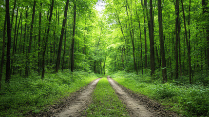 Fototapeta premium A forest path with a dirt road leading through it