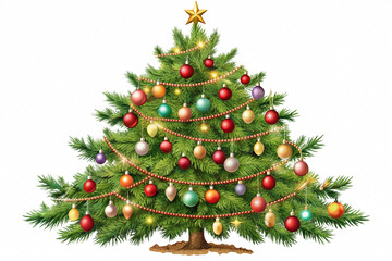 Fototapeta premium christmas tree decorated with ornaments garland vintage illustration isolated on a transparent background, generative ai