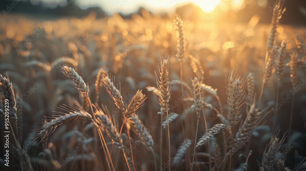 Poster a field of wheat at sunset with warm light and long shadows