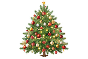 christmas tree decorated with ornaments garland vintage illustration isolated on a transparent background, generative ai