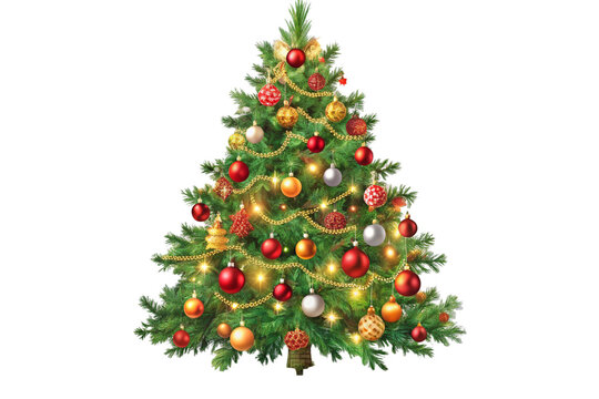 christmas tree decorated with ornaments garland vintage illustration isolated on a transparent background, generative ai