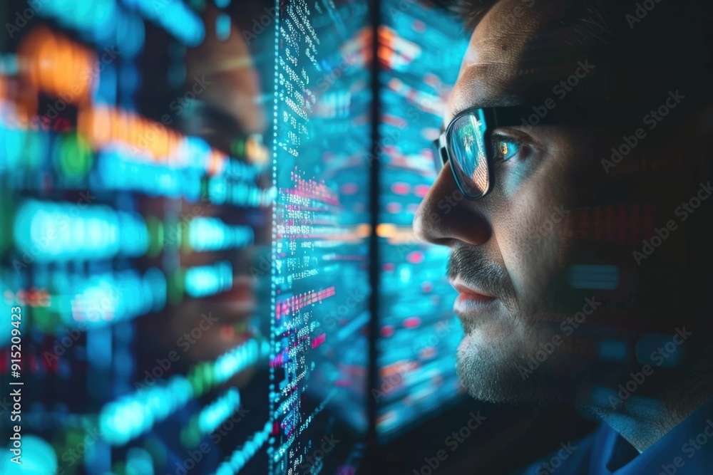 Poster a person in glasses sits at a desk, focused on a computer screen