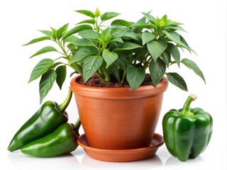 Fototapeta premium Vibrant green pepper chile plant in a small terracotta pot, isolated on a pure white background, with herbal accents.