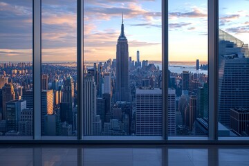 A window in a modern skyscraper office, with a bustling financial district below. 