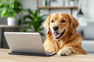 Golden retriever dog happily using laptop at home office, concept of pet technology, modern workspace with plants.