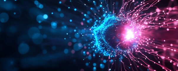 Fototapeta premium A vibrant abstract image featuring energetic blue and pink waves, representing movement and technology in a digital universe.