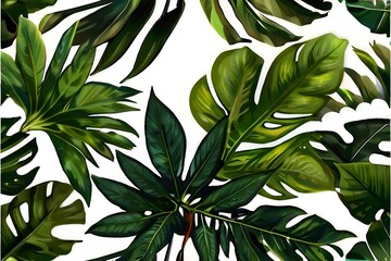 Green leaves of tropical plants bush (Monstera, palm, fern, rubber plant, pine, birds nest fern) floral arrangement indoors garden Generative AI