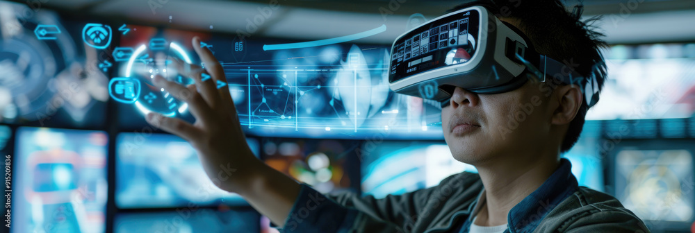 Poster a person uses virtual reality gear to interact with digital displays in a high-tech environment