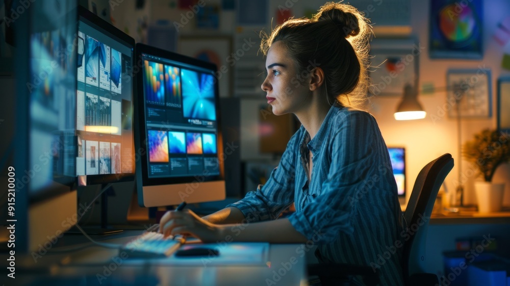 Poster a woman is sitting at a desk with two computer monitors in front of her