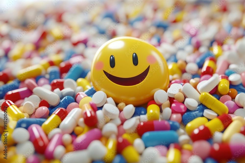 Poster pile of colorful capsules with a smiling face ball representing joy and positivity in healthcare