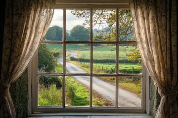 A window in a peaceful countryside inn, offering a view of a winding country road.