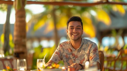 Smiling Indian Man Enjoying Outdoor Dining in Tropical Setting with Palm Trees