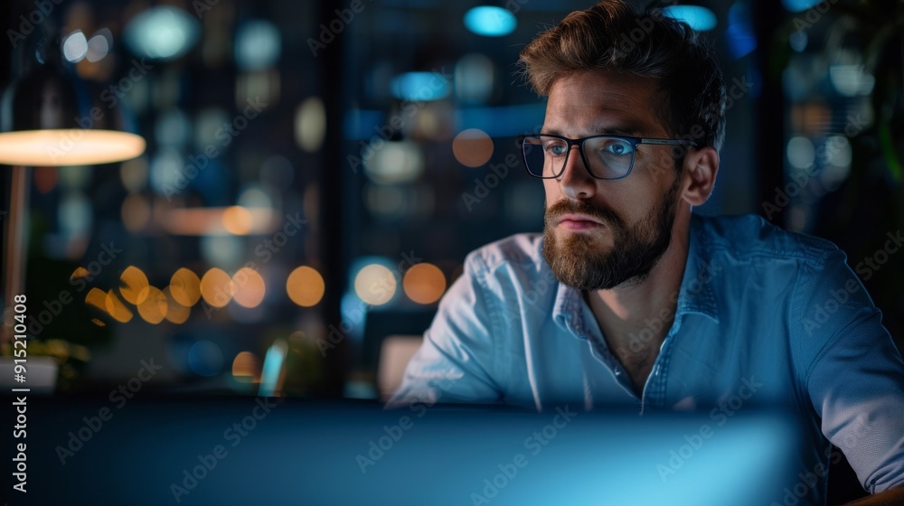 Poster a man with glasses is sitting at a desk looking at a computer screen