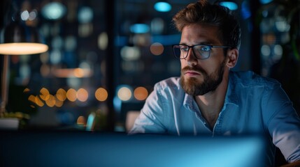 Obraz premium A man with glasses is sitting at a desk looking at a computer screen